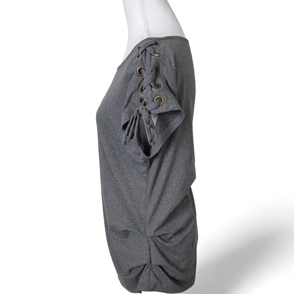 AUW Gray Ruched Waist Lace up Gourmet Shoulder Jersey T-Shirt Top (S) - Picture 1 of 10